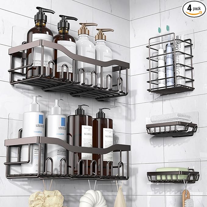 Adhesive Shower Caddy, 5 Pack Rustproof Stainless Steel Bath Organizers With Large Capacity, No Drilling Shelves for Bathroom Storage & Home Decor
